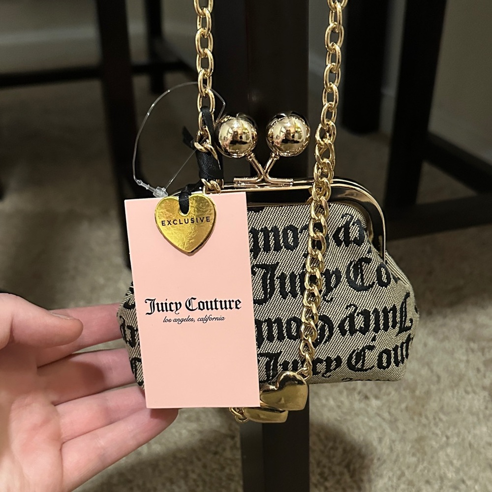 Juicy Couture Tan Script Mini Bag with Gold Chain